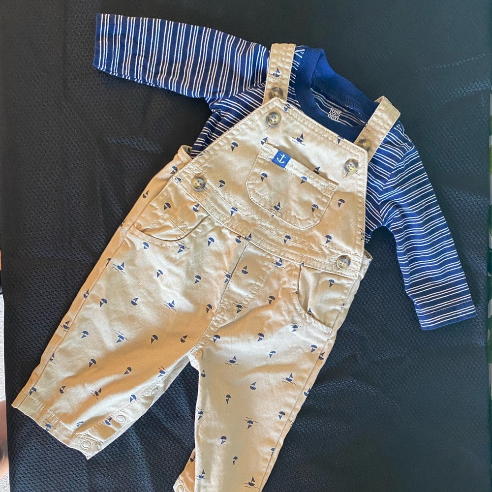 3 Month BabyBoy Outfit Tan overalls with navy anchors + blue/white stripe shirt